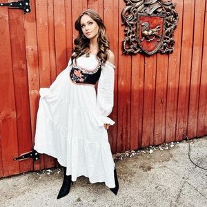 Cottage Core White Peasant Dress w/ Black Rose Bustier XS